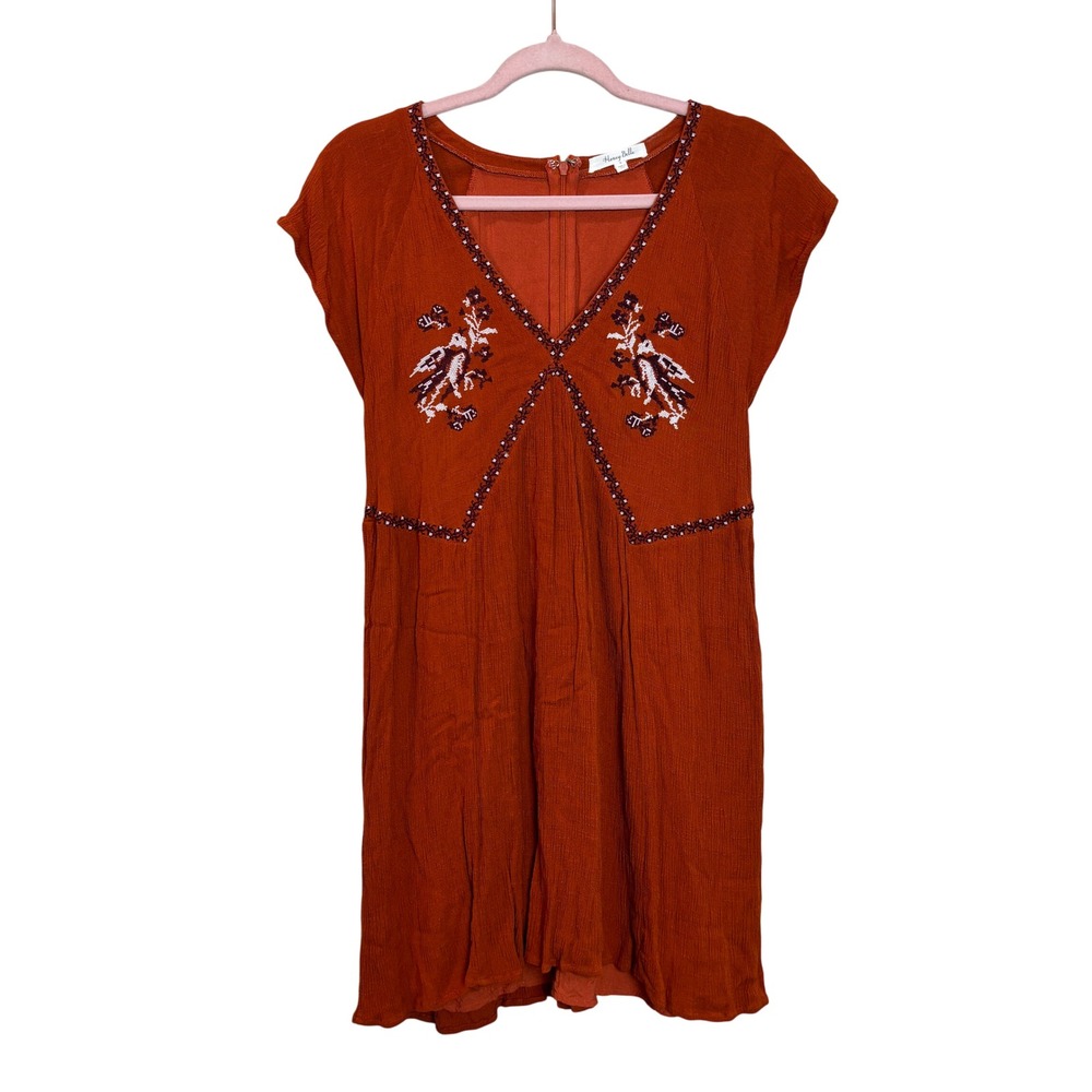 Honey Belle Burnt Orange‎ Embroidered Birds V Neck Bohemian Mini Dress S Small